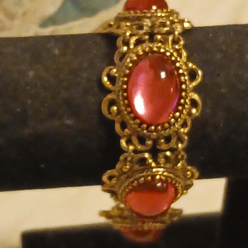 Vintage Gold Filigree Bracelet With Pink Cabochons, 1950s Jewelry, Size 6 1/2
